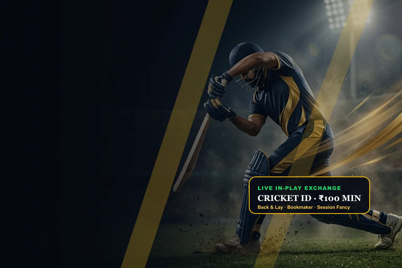 Indian batsman in navy-and-gold kit under floodlights — play99exch cricket id